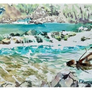 Flowing emerald waters of Fiume Sentino in Genga, Italy. Watercolor plein air by Kristiina Roots, May 2024