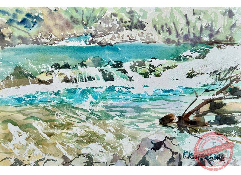 Genga Immersion_Kristiina_Roots_2024 Flowing emerald waters of Fiume Sentino in Genga, Italy. Watercolor plein air by Kristiina Roots, May 2024