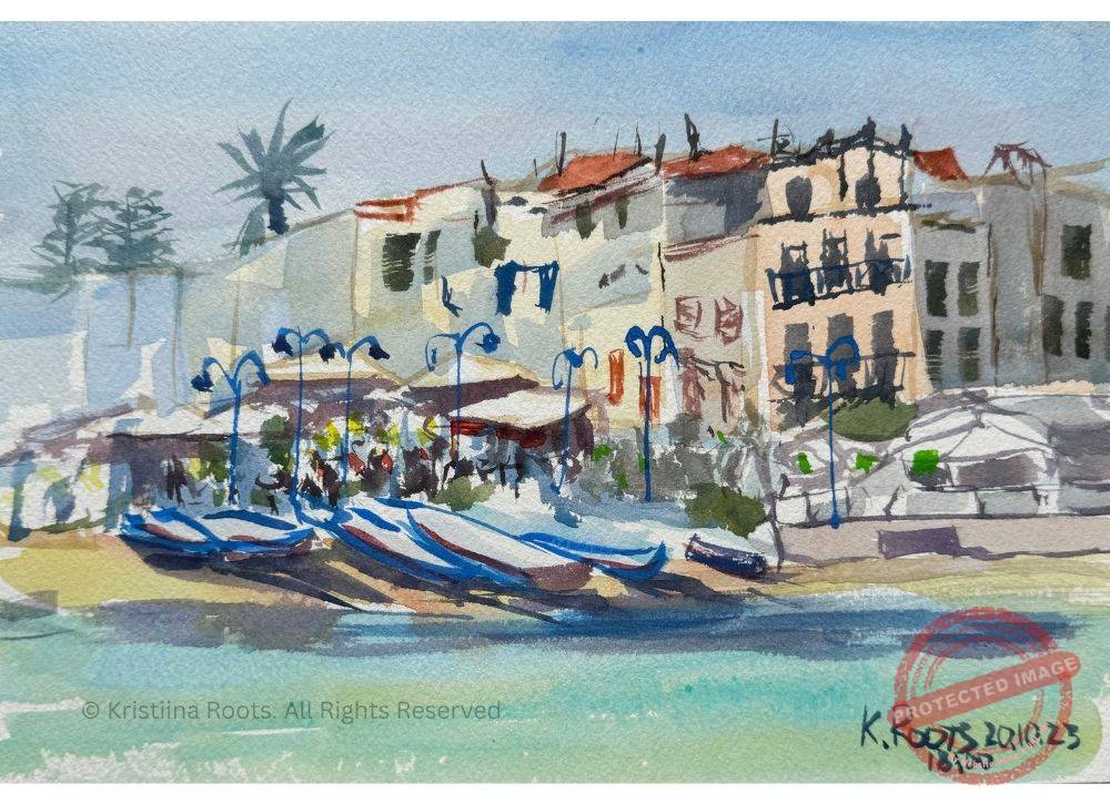 Mondello Beach_Kristiina_Roots_Watercolor Windy October day at Mondello Beach. Blue umbrellas, white buildings, sea breeze. Watercolor by Kristiina Roots.