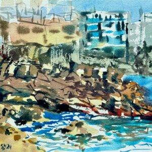 Watercolor painting of a rocky volcanic beach near El Confital, Gran Canaria, with turquoise waves and colorful coastal architecture in the background.