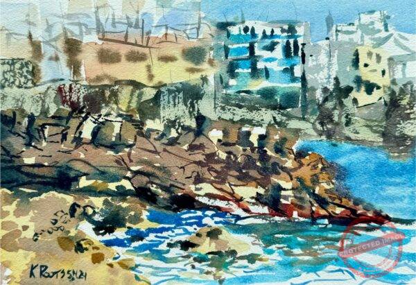 Watercolor painting of a rocky volcanic beach near El Confital, Gran Canaria, with turquoise waves and colorful coastal architecture in the background.