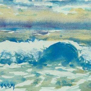 Expressive watercolor seascape showing a cresting wave at Las Canteras Beach in Gran Canaria, painted by Kristiina Roots in April 2024.