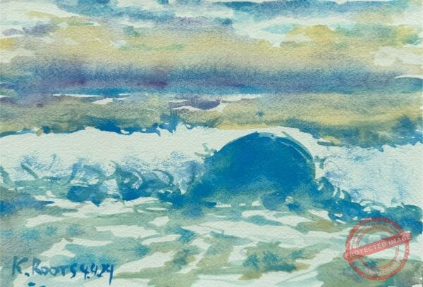 Expressive watercolor seascape showing a cresting wave at Las Canteras Beach in Gran Canaria, painted by Kristiina Roots in April 2024.