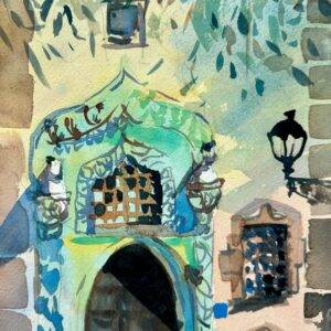 Watercolor painting of a historic ornate door on the Casa de Colón in Las Palmas, with lush green plants cascading down the colonial facade.