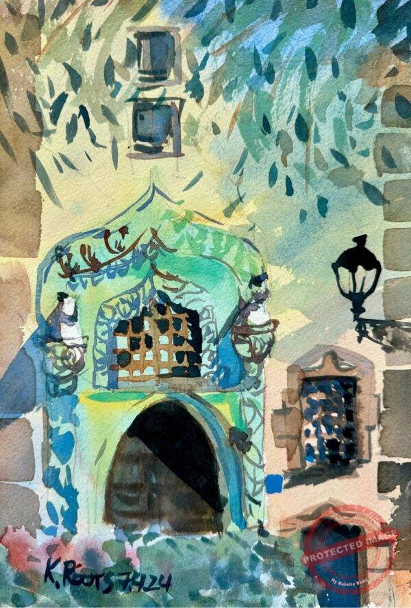 Watercolor painting of a historic ornate door on the Casa de Colón in Las Palmas, with lush green plants cascading down the colonial facade.
