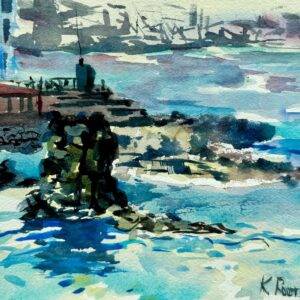 Watercolor seascape of La Isleta district in Las Palmas, Gran Canaria, showing calm waters with rocks and distant urban forms under daylight.