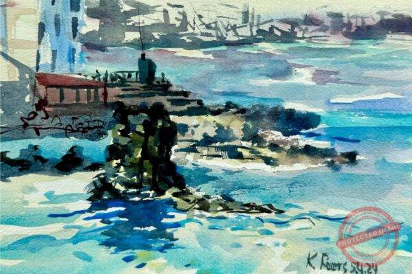 Watercolor seascape of La Isleta district in Las Palmas, Gran Canaria, showing calm waters with rocks and distant urban forms under daylight.