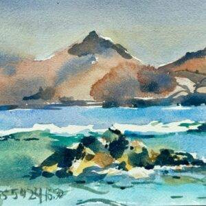 Watercolor painting of waves crashing against dark rocks near El Confital, Gran Canaria