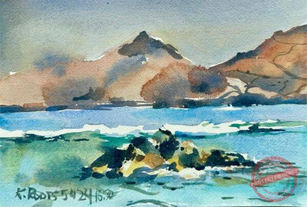 Watercolor painting of waves crashing against dark rocks near El Confital, Gran Canaria