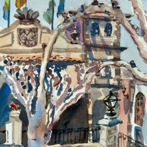 Original watercolor painting (26x18 cm) capturing the intricate bare branches of almond trees forming arches in the square of Teror, Gran Canaria.
